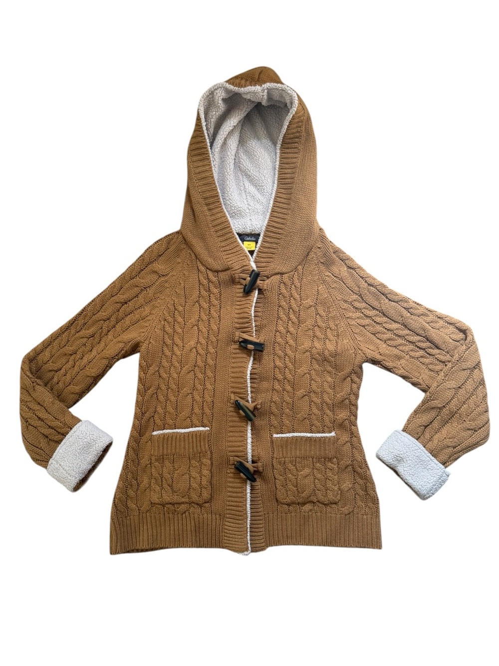 Cabelas Cable Knit Fishermans Sweater Toggle Hooded Small Tan Cardigan